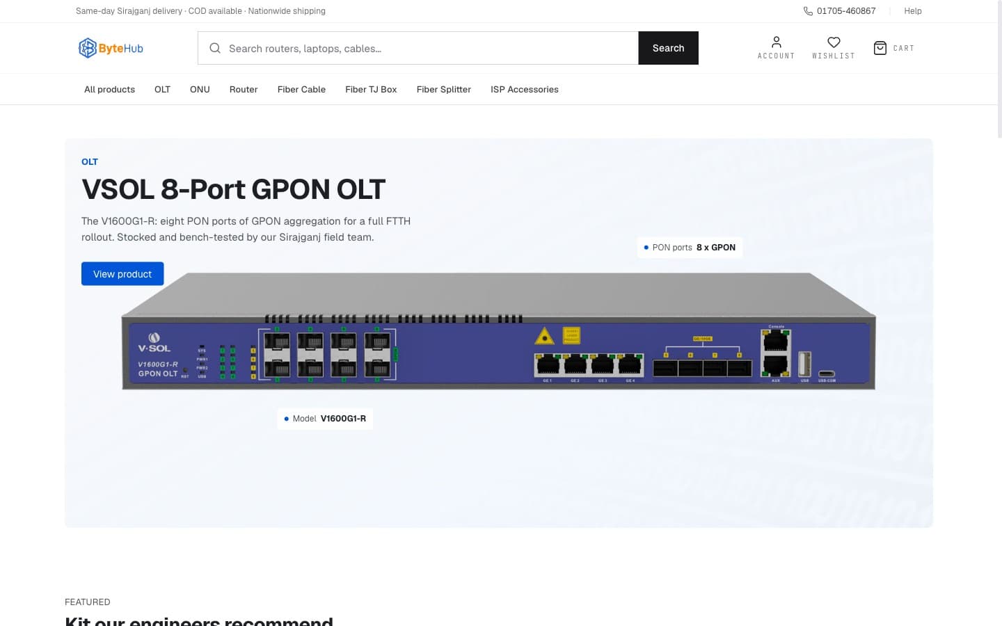 Product First storefront home page for ByteHub: a spec-hero staging a GPON OLT on a whisper-gray field with electric-blue spec callouts and a clean product-category nav.